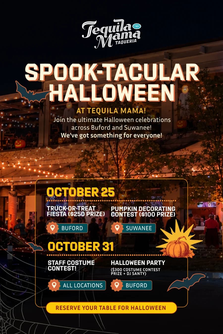 Spook-tacular Halloween at Tequila Mama: Truck-or-Treat Fiesta and Pumpkin Decorating Contest on October 25, Staff Costume Contest and Halloween Party on October 31.
